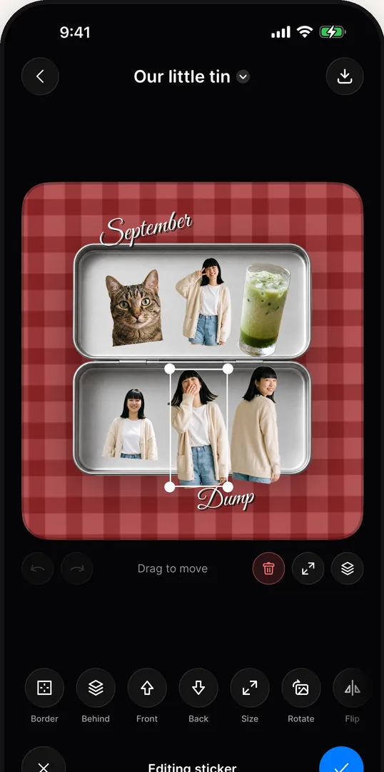 The tinwidget editor with photo cutouts of a cat, a person and a drink arranged inside an open tin