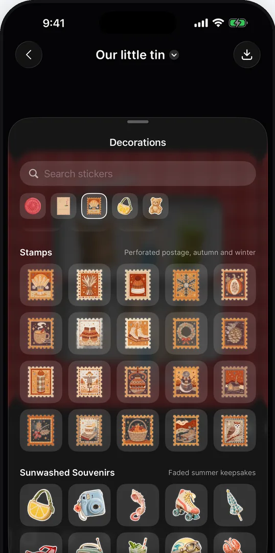The sticker picker showing packs of postage stamps and sunwashed souvenirs